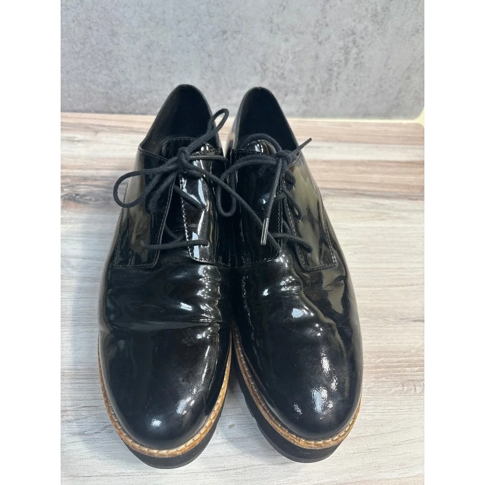 Eileen Fisher Eddy Derby SZ 9 Black Patent Leather Lace Up Oxford Platform Shoes